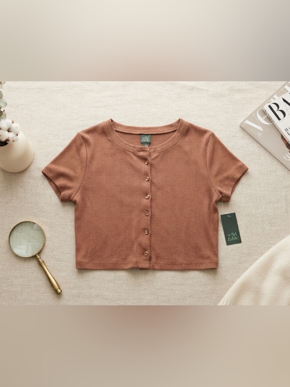 NWT Wild Fable Brown Ribbed Button Front Crop Top - Size Large - Trendy Basic